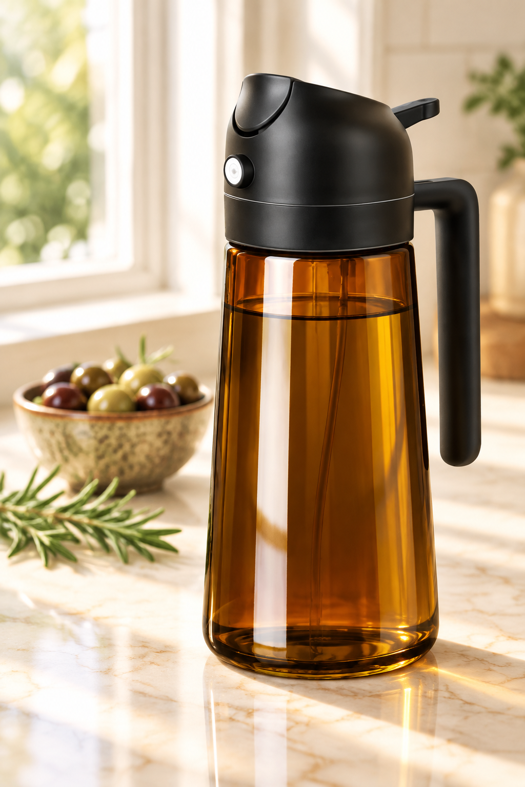 Aceitero de vidrio ámbar con tapa negra en una barra de mármol crema