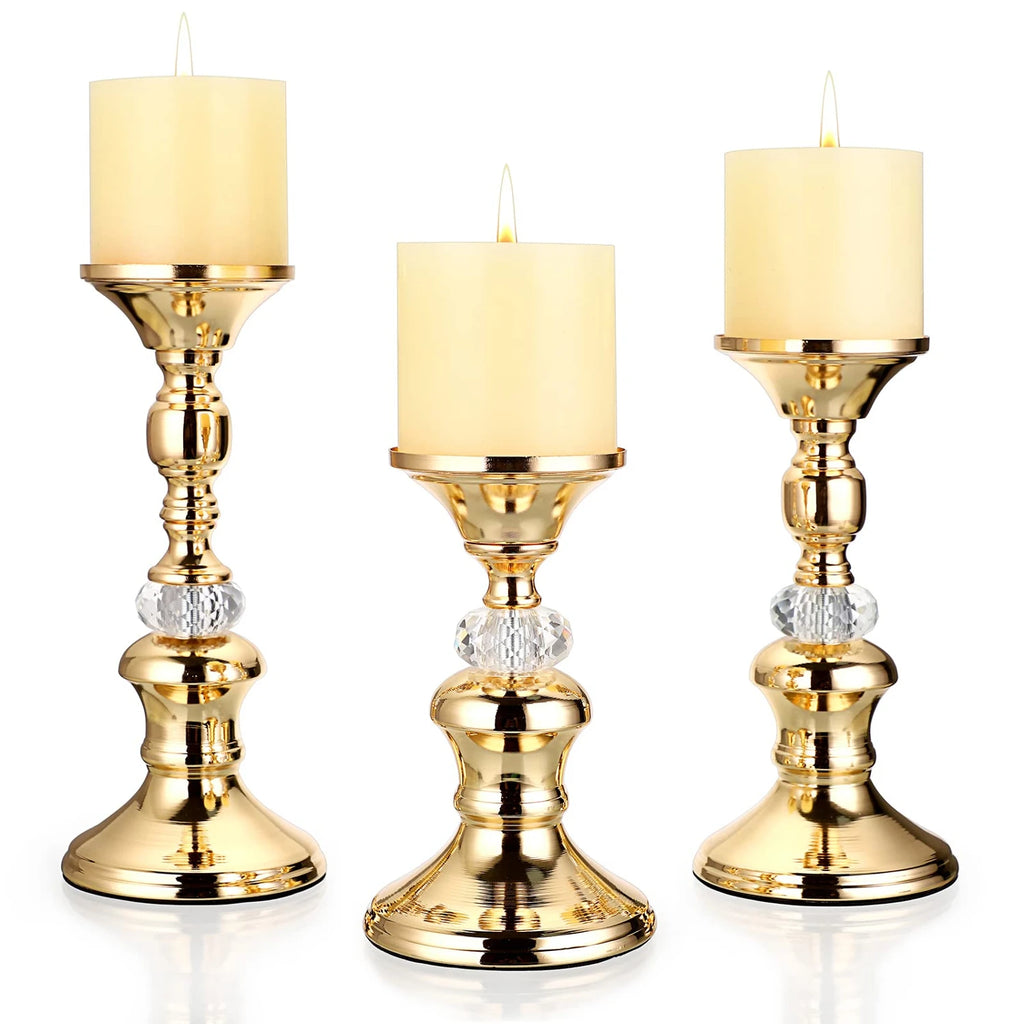 Candelabros de Metal Dorado y Cristal para Velas de Pilar