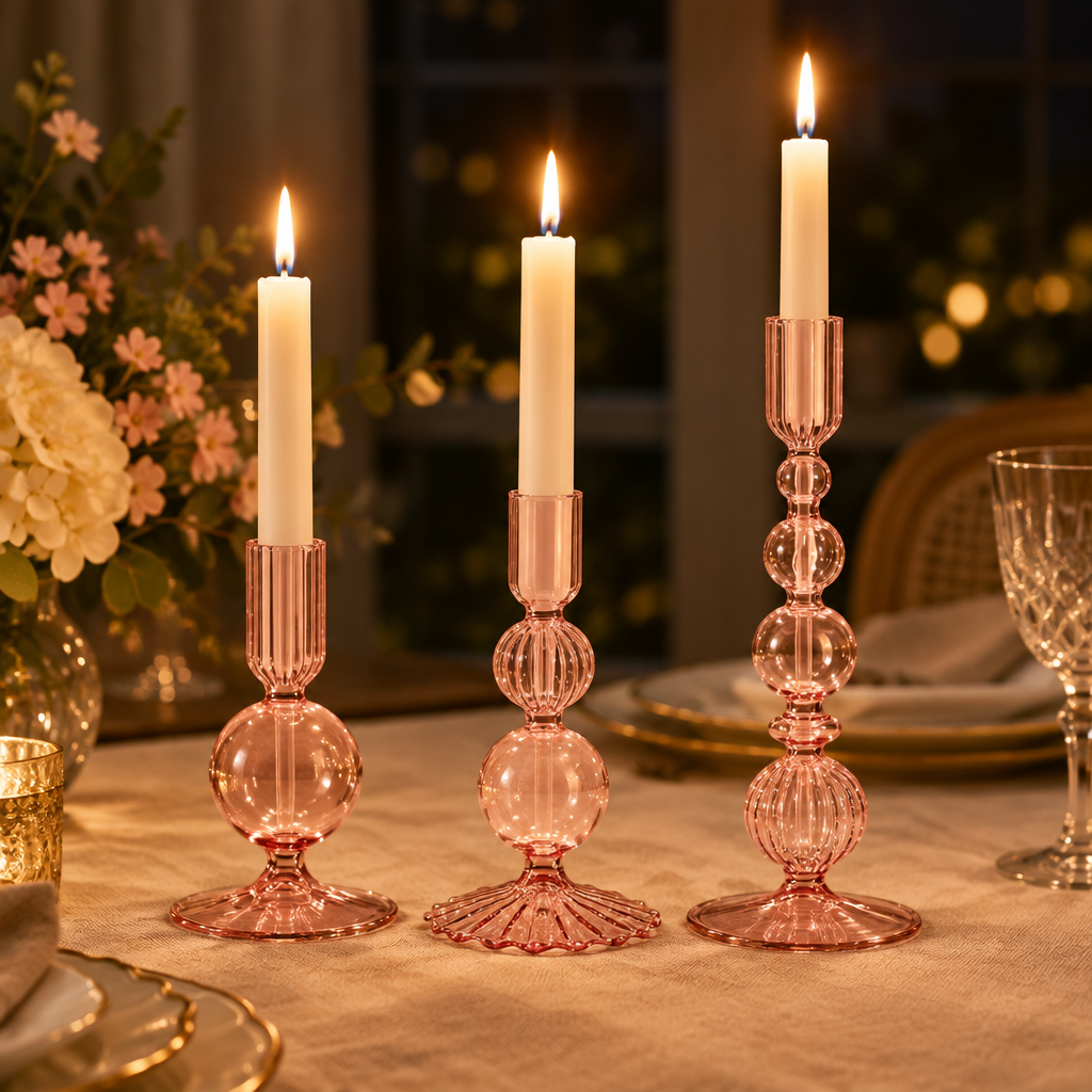 Candelabros de cristal rosa con velas cónicas encendidas en cena de noche