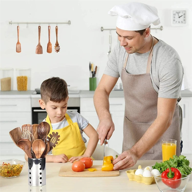 Juego de 10 Utensilios de Cocina de Madera de Teca Natural