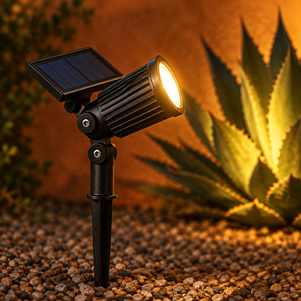 Reflector solar LED de luz cálida iluminando un agave de noche