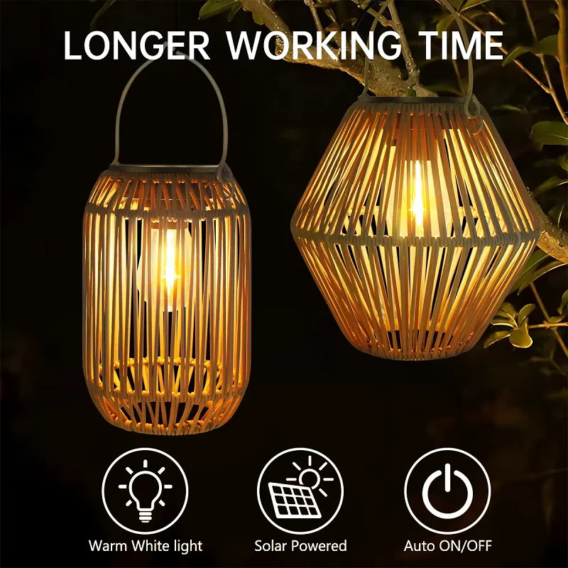 Farol Solar Colgante de Ratán Estilo Boho para Terraza y Jardín