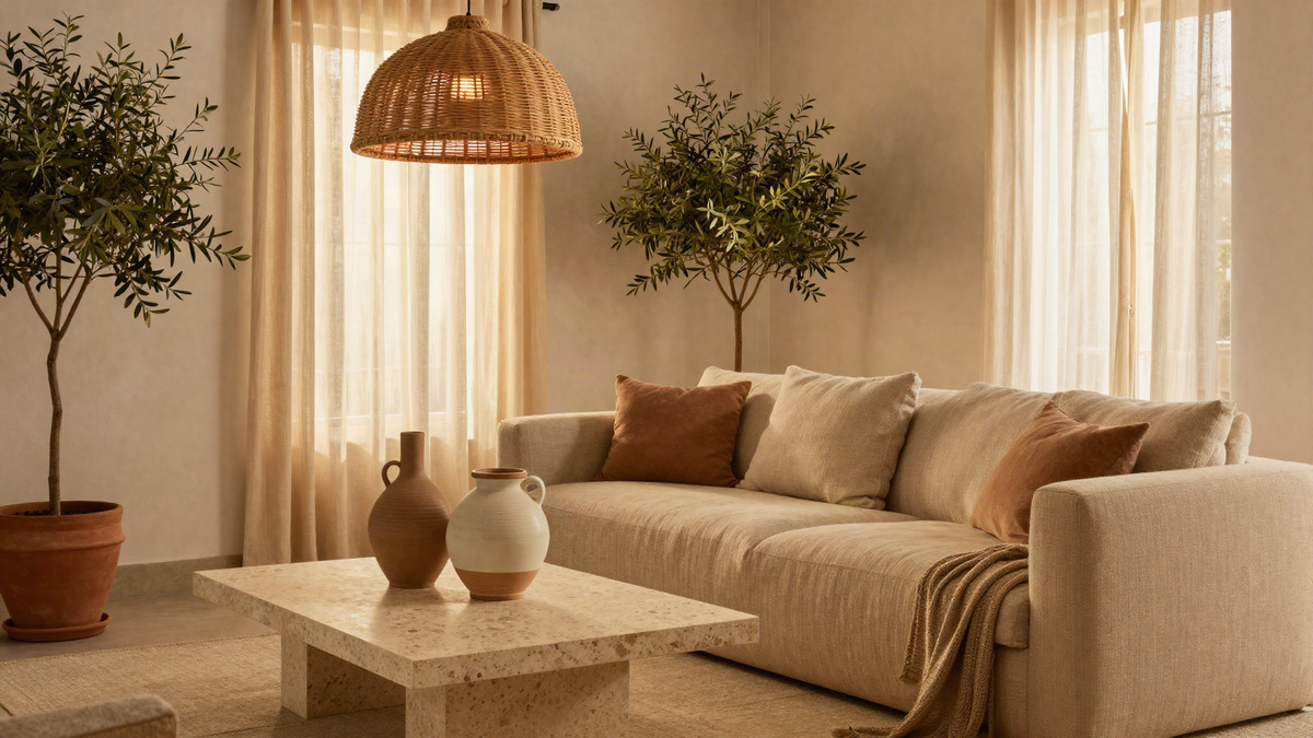 Sala cálida con sofá de lino y luz ámbar