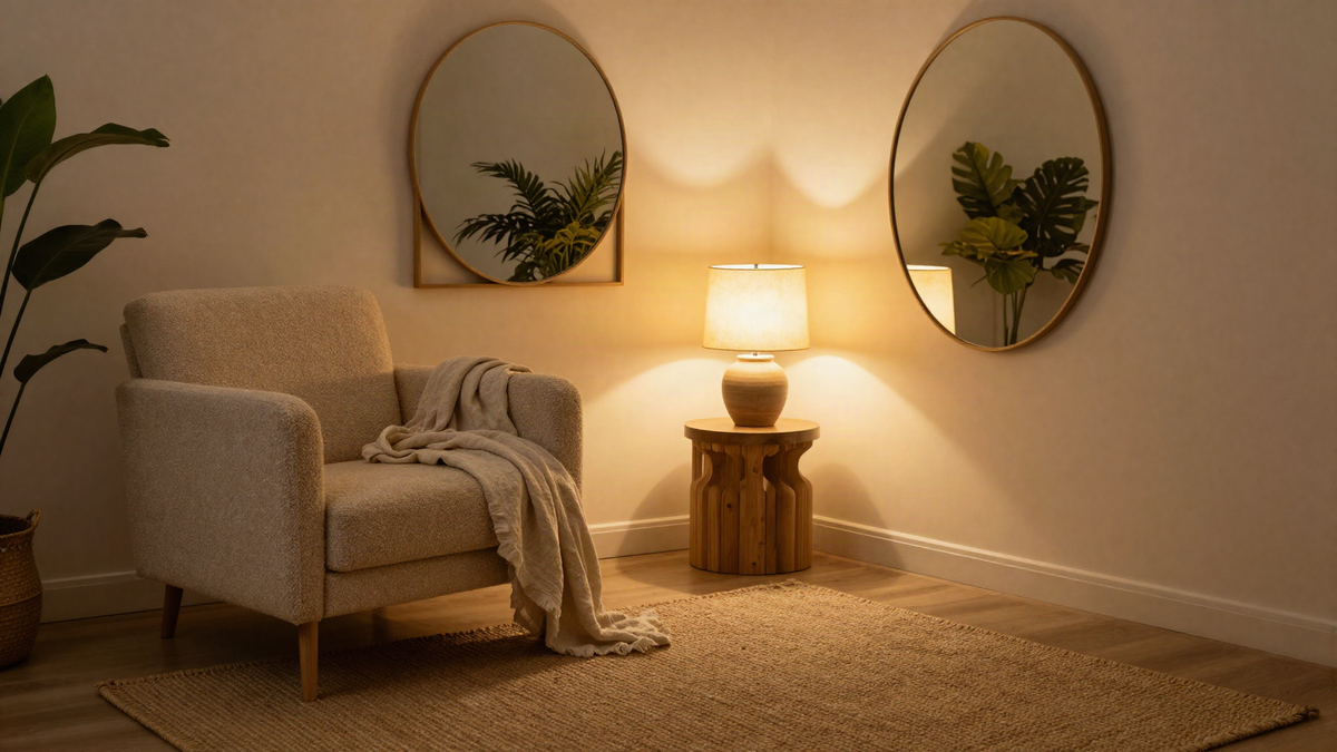 Rincón de recámara con sillón bouclé y espejo arqueado