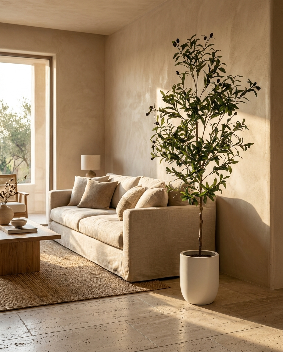 Olivo artificial en una sala cálida con sofá de lino y luz natural