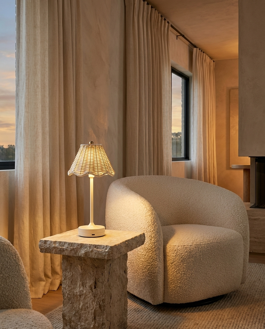 Lámpara de ratán encendida sobre mesa de piedra junto a sillón bouclé